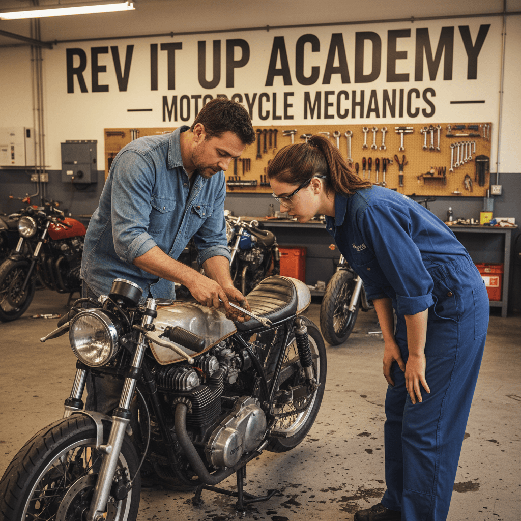 Hands-on motorcycle repair instruction in a well-lit workshop setting