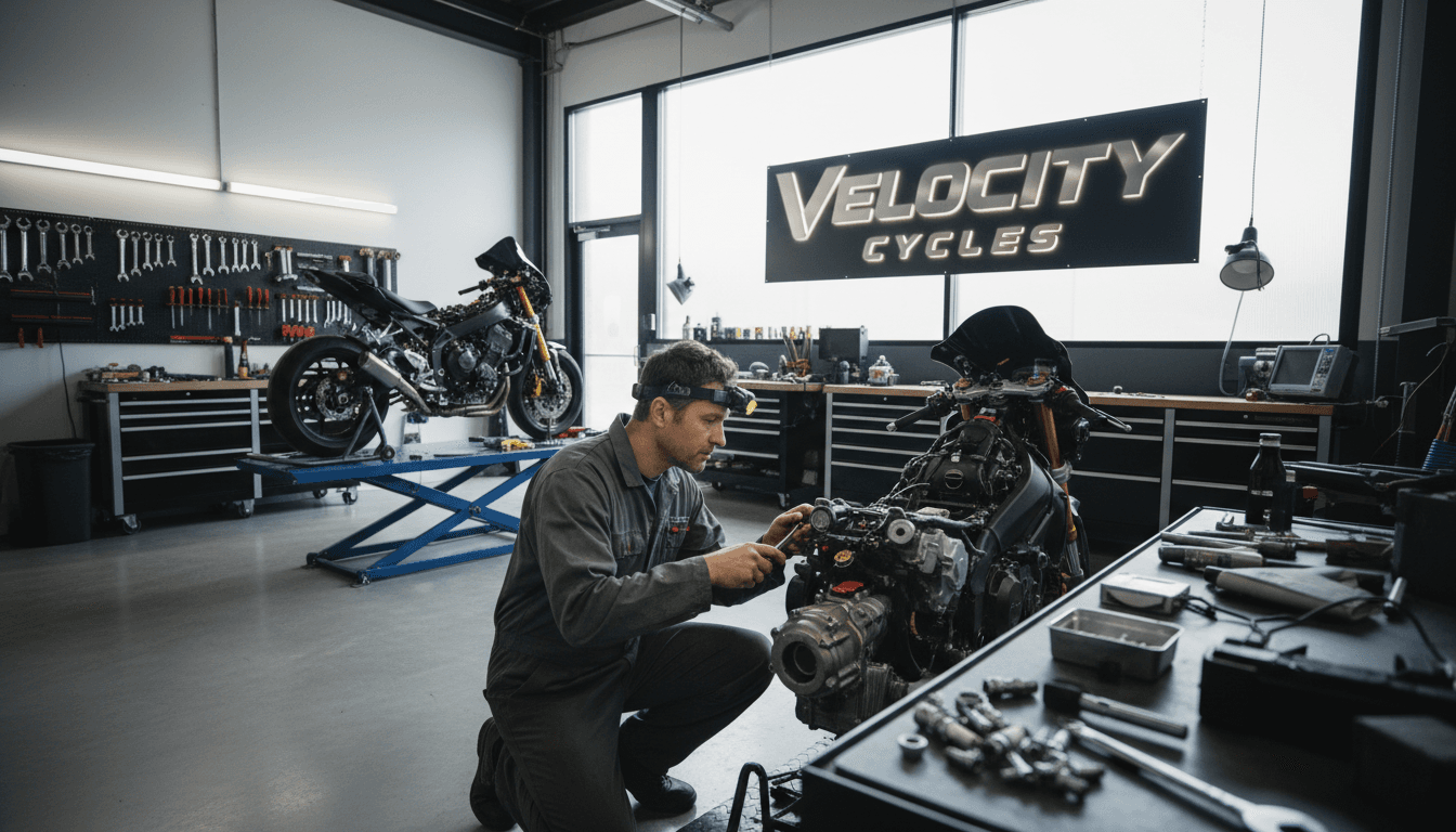 Experienced mechanic repairing a motorcycle in a professional shop