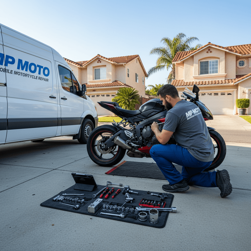 Mechanic from MP Moto repairing a motorcycle in a suburban driveway, showcasing mobile service.