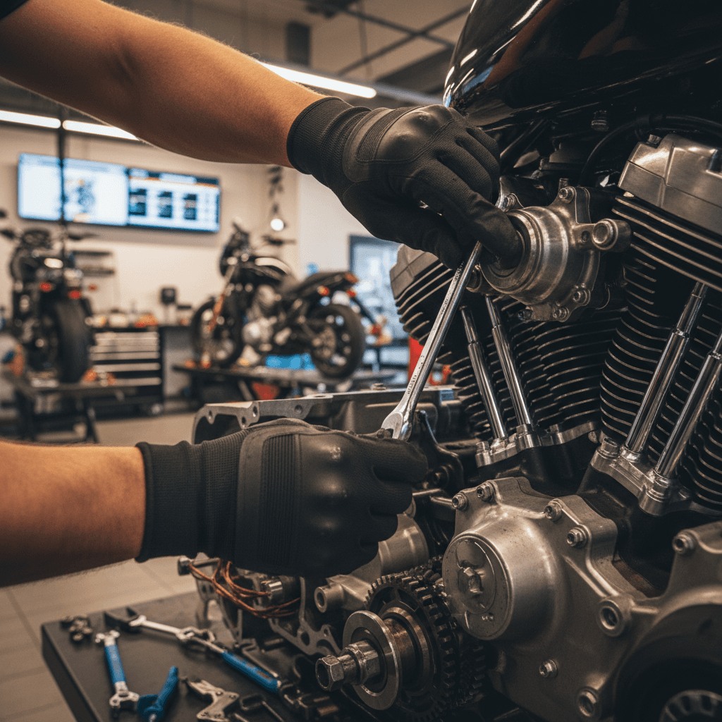 Experienced motorcycle technician performing repair work on a motorcycle in a well-equipped shop