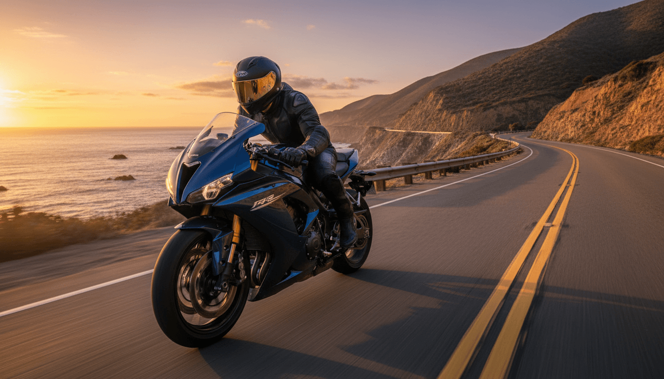 Solo rider on sport motorcycle navigating scenic coastal highway at golden hour sunset with ocean view backdrop
