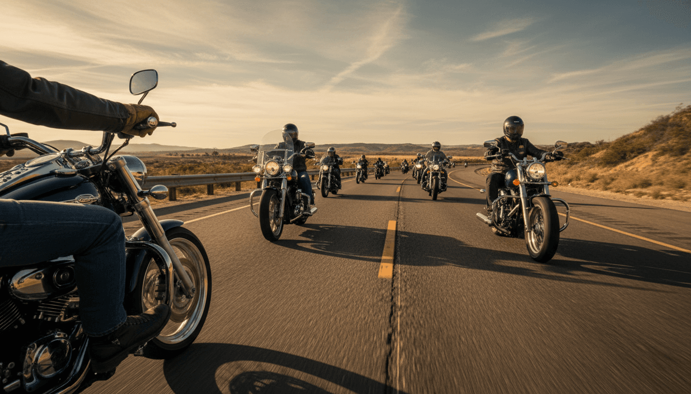 Multiple diverse motorcycle riders leaning into a highway curve at golden hour, captured in dynamic group riding motion