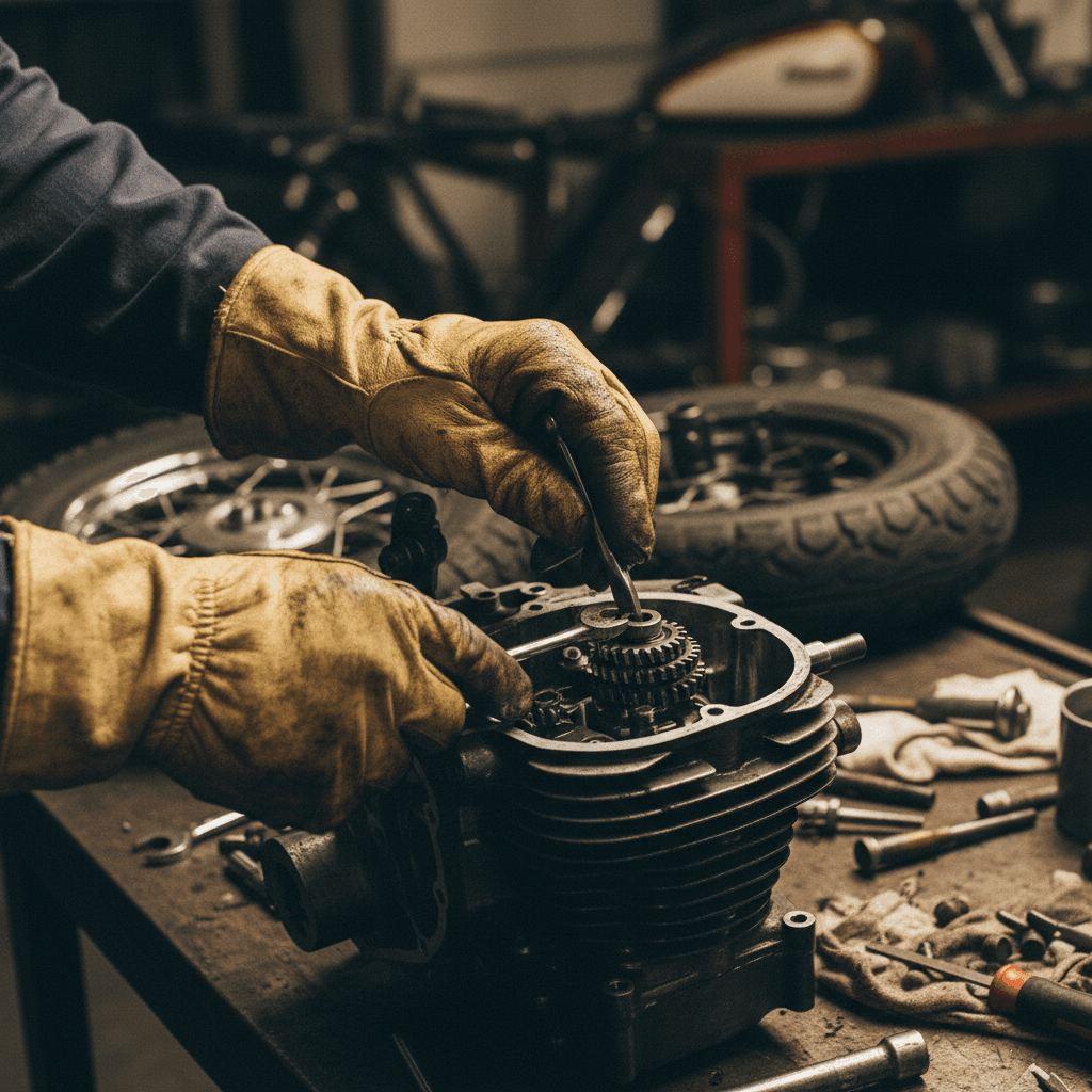 Expert mechanic repairing a motorcycle engine in a professional workshop