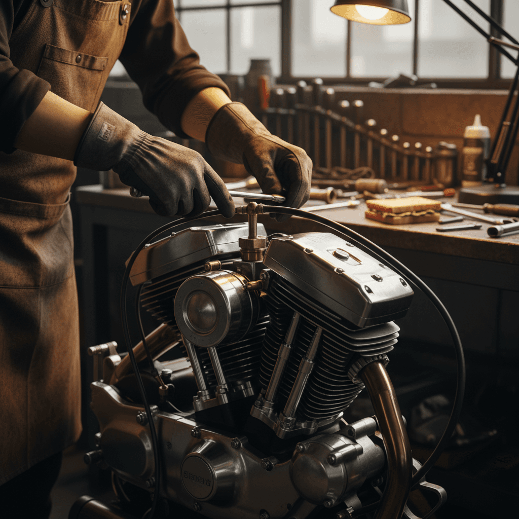 MP Moto mechanic performing motorcycle repair