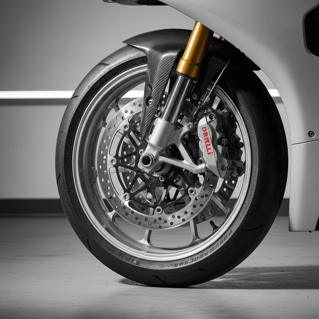 Close-up of high-performance motorcycle wheel showing premium tire tread, polished aluminum rim, and carbon-fiber brake caliper with dramatic studio lighting